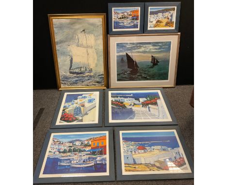 English school, mid 20th century, Impressionist Ship at Full Sail, oil on canvas, 76cm x 51cm;  the evening yachts, lithograp