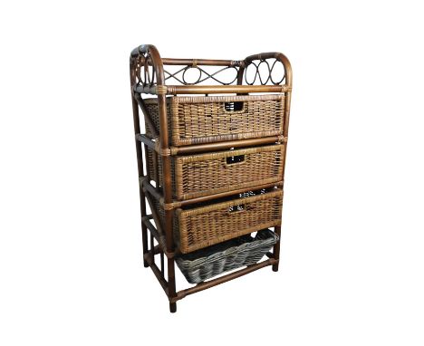 CANE SHLEF UNIT, AND A NEST OF THREE TABLES  the tables with glass topsshelf unit 102cm x 58cm Qty: 2