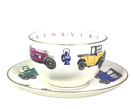 ROYAL WORCESTER CUP AND SAUCER, decorated with vintage cars