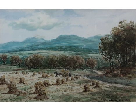 JOHN HAMILTON GLASS SSA (SCOTTISH 20TH CENTURY), HARVEST SCENE watercolour on paper, signedmounted, framed and under glassove