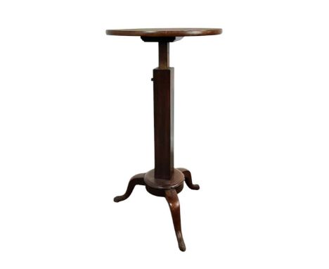 ART DECO MAHOGANY ADJUSTABLE SIDE TABLE, with circular top and square column support on tripod base72cm high, 43cm diameter