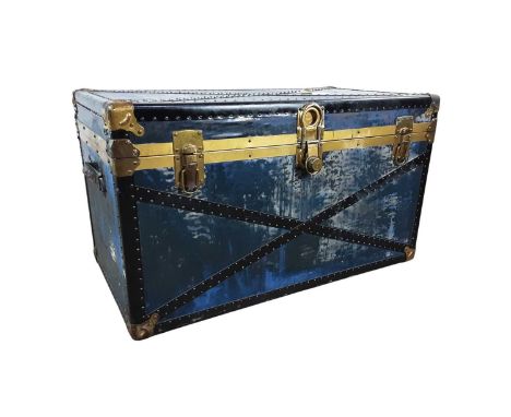 BRASS BOUND CABIN TRUNK, the hinged cover with twin handles101cm wide