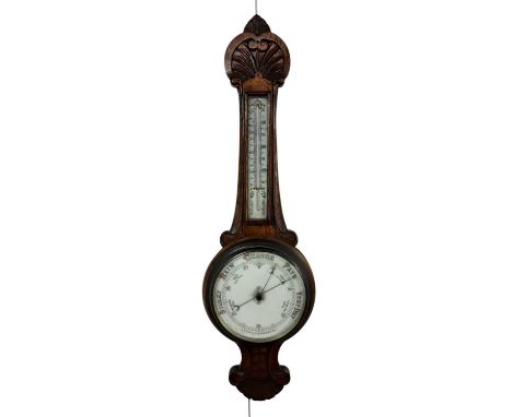 VICTORIAN ANEROID BAROMETER WITH THERMOMETER, in carved oak case86cm high