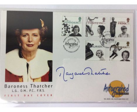 MARGERET THATCHER SIGNED FIRST DAY COVER, AND OTHER ITEMS along with a two ounce sterling silver Margaret Thatcher memorial c