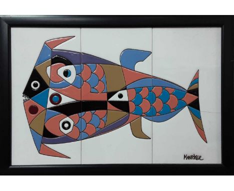CESAR MANRIQUE, ART POTTERY TILE DISPLAY, formed in three sections, decorated with abstract fishframed32cm x 46cm overall