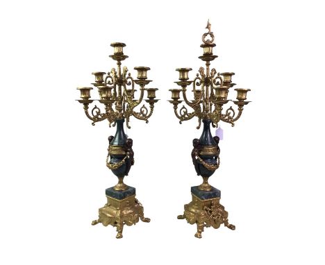 PAIR OF GILT METAL AND MARBLE CANDELABRA, OF 18TH CENTURY DESIGN the central column with bronze cherub mounts, the central sc