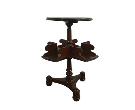 LATE VICTORIAN MAHOGANY READING TABLE, the circular top over a triform book stand, on tripod support71cm high 