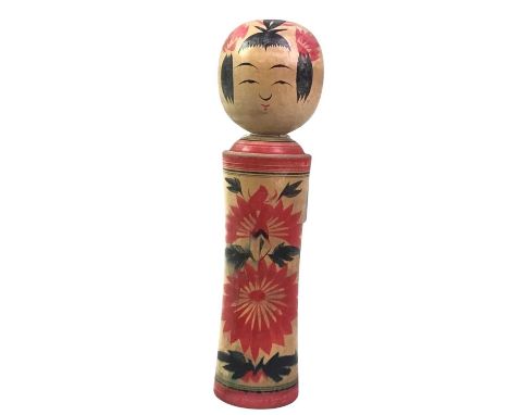 VINTAGE JAPANESE WOODEN KOKESHI DOLL FIGURE, ALONG WITH A PAIR OF 'MONKEY' DRUMS the wooden doll bearing hand signed characte