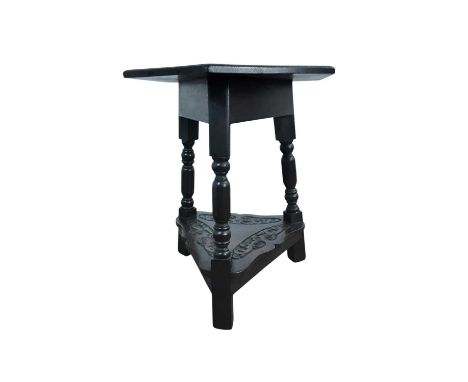 OAK HEXAGONAL CARVED OCCASIONAL TABLE, the top carved with M S 1806, with turned supports on lower carved shelf54cm high, 45c