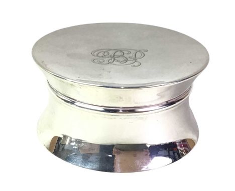SILVER CIRCULAR TRINKET BOX, AND OTHER SILVER ITEMS  comprising tongs, modern dishes and three napkin ringsOverall weight is 
