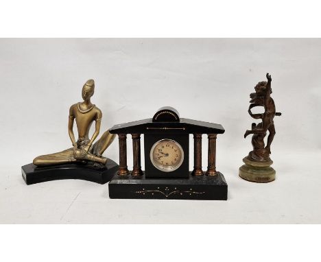 Small late 19th/early 20th century slate mantle clock, the circular dial having Arabic numerals hour markers, 16cm high, toge
