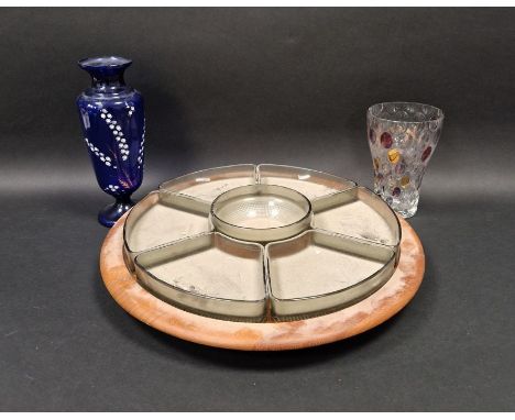 Vintage Borske Sklo 'Nemo' vase by Max Kannegeisser, a Danish teak lazy susan with glass trays and an early 20th century coba