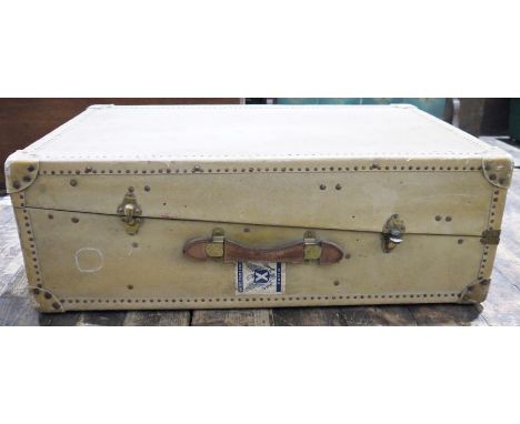 Vintage 'Wata-Joy' (London) travelling case with a fitted interior, with brown leather handles and brass fittings, applied wi