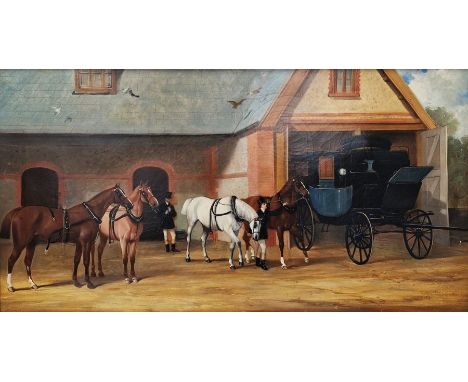 Henry Barraud (1811-1874)
Oil on canvas
'The Coach House', with coachmen, coach and horses, signed lower left, framed, 39cm x