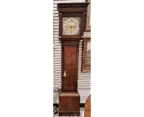 Victorian oak-cased 30-hour longcase clock&nbsp;of plain form, the 11" square brass dial with silvered chapter ring, floral q