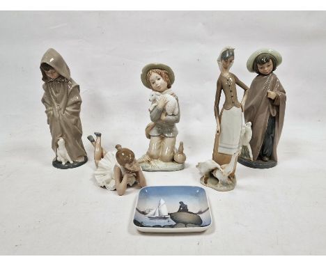 Lladro porcelain group&nbsp;of a goose girl with geese, three Nao figures, another figure&nbsp;and a Royal Copenhagen small d