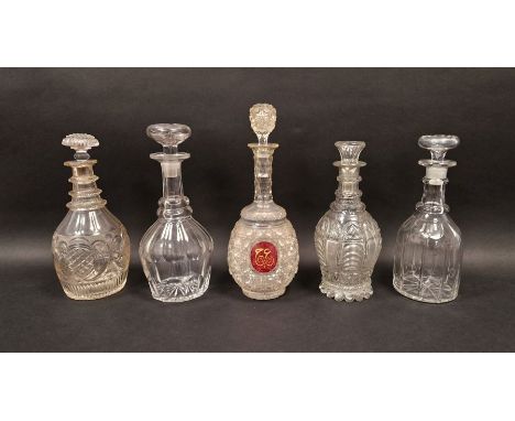 Five 19th century cut glass decanters and stoppers&nbsp;including a hobnail cut example with gilt initials on a ruby flashed 
