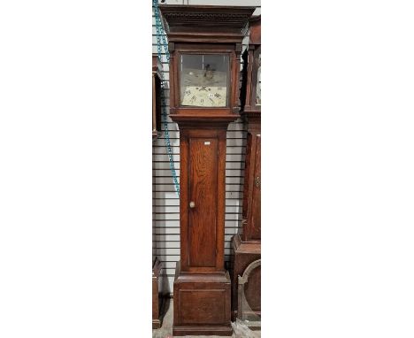 Tall slender mahogany longcase clock case&nbsp;with stepped and dentil carved cornice, with&nbsp;an 18th century square paint