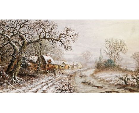 Charles Leaver (British, 1824-1888)
Oil on canvas
Winter scene with figures outside cottages and church in distance, signed a