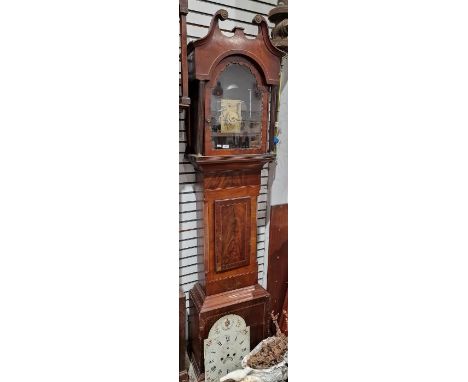 Squat mahogany longcase clock case&nbsp;with boxwood and ebony stringing, the hood with swan neck pediment, wavy edge door fl