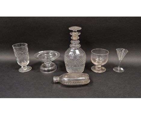 Group of 19th century glassware&nbsp;including a compressed flask with ribbed ornament, a Regency diamond cut triple ring nec