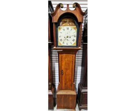 19th century oak cased eight-day longcase clock&nbsp;of small proportions, the arched painted dial with subsidiary seconds an