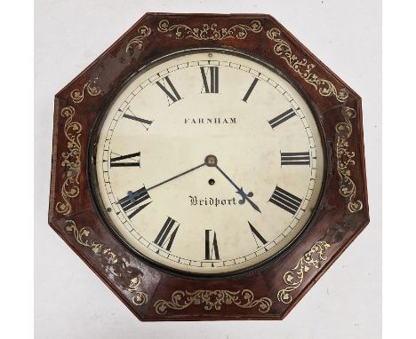 19th century rosewood cased wall fusee wall clock, of octagonal form, the border inlaid with brass scrolling motifs, the circ
