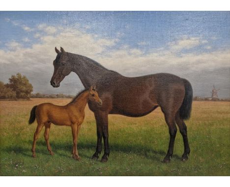 Carl Henrik Bøgh (Danish 1827-1893)
Oil on canvas
Study of a mare and foal in field, signed and dated 1880 lower right, frame