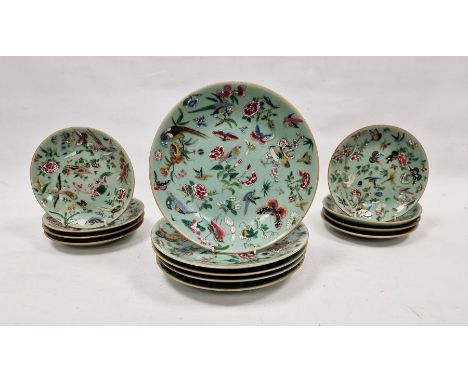 Set of five large and eight smaller Chinese Canton porcelain plates, enamelled with birds and flowers on a celadon ground, th