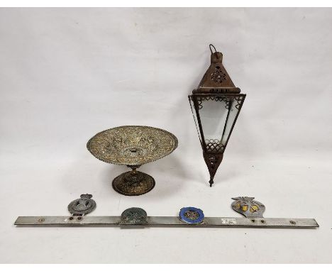 Brass tazza&nbsp;with everted rim, allover sunflower, insect and other floral repousse, on knopped stem, 27.5cm diameter x 17