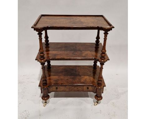 19th century burr walnut three-tier whatnot, raised over a single long drawer, on original ceramic castors, 80cm high x 69cm 