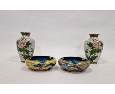 Pair Chinese cloisonne enamel vases, each shouldered ovoid, peony decorated, 13cm high and a pair of Chinese cloisonne enamel