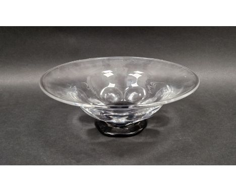 Edvard Hald (1883-1980) for Orrefors, clear glass bowl with dimpled base raised on black glass foot, engraved marks to base, 