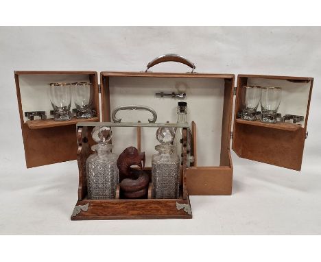 Vintage travelling/picnic drinks cabinet, an oak tantalus with two cut decanters and a stained wooden item&nbsp;(3)&nbsp;Cond