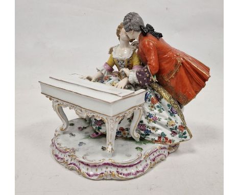 Continental porcelain Meissen-style musical group&nbsp;of a pair of lovers with spinet, impressed arrow mark to base, 23cm hi