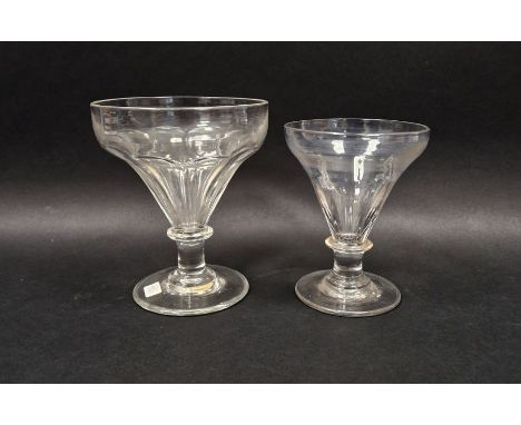 Two 19th century pan-topped rummers, the first larger example with ribbed tapering bowl, knopped stem and spreading foot, fro