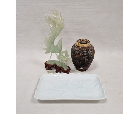 Modern Chinese pale celadon glazed shaped rectangular dish moulded with a flowerhead, signed to reverse, 21.5cm wide, boxed, 