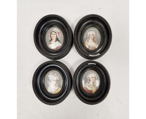 Four Continental porcelain Berlin style oval portrait plaques, each printed and painted with an 18th century style beauty, wi