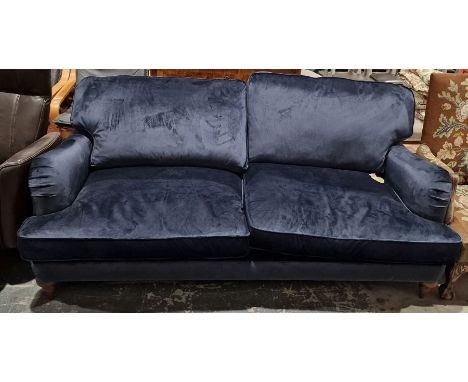 Contemporary navy blue velvet sofa&nbsp;by Marks &amp; Spencers, raised on turned wooden feet, 90cm high x 193cm wide x 99cm 