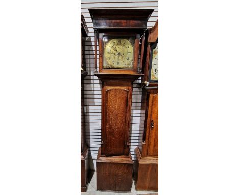 Georgian oak cased longcase clock&nbsp;with 12" square brass dial engraved with naval battle and island castle, subsidiary se