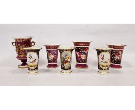 19th century porcelain trio of beaker vases, flared rim and painted with floral spray on puce ground, pattern no.103, 13.5cm 