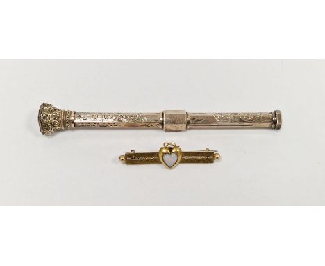 Early 20th century 15ct gold bar brooch, set with a single heart shaped opal, 2.4g, together with a gold plated propelling pe