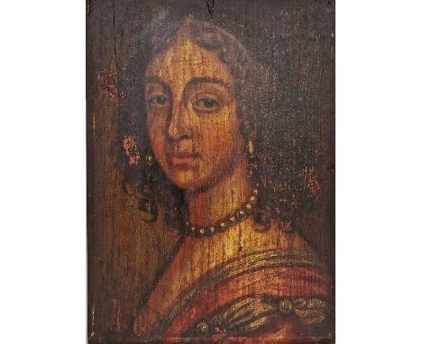 Unattributed (17/18th century school, possibly Spanish)
Oil on panel
Potrait of a lady with pearl necklace and earings, unsig