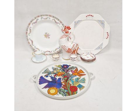 Russian (Lomonsov) porcelain vodka decanter modelled as a cockerel with head-shaped stopper, enriched in orange and gilding, 