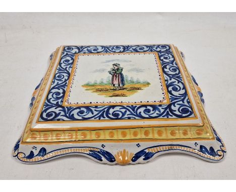 Quimper pottery cake stand, square and decorated with female figure, 31cm&nbsp;Condition ReportLight surface marks, accretion