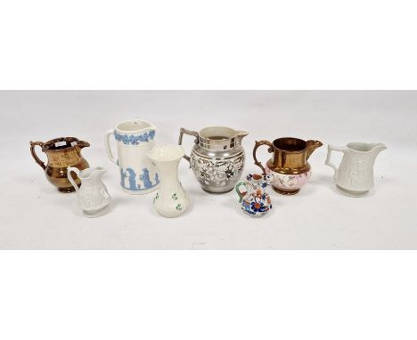 Assorted English pottery jugs, early 19th century and later including a silver Sunderland lustre example, 16cm high, two copp