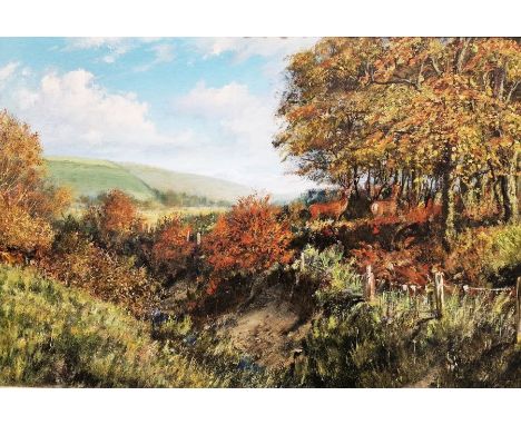 Hugh Gurney (b.1932) 
Oil on board
"Hinds Going to Cover", Fullaford, Exmoor, signed and dated '84 lower right, framed, 49cm 
