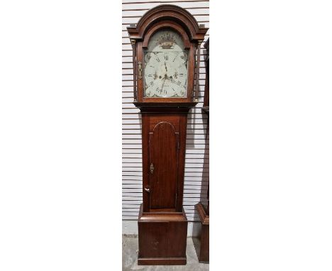 Early 18th century mahogany eight-day longcase clock, the painted arched dial signed 'Slack Ipstones' decorated with flowers 