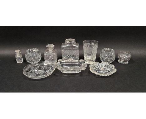 Collection of assorted 19th century cut glassware including a beaker, a tea caddy, a perfume bottle and stopper, various pots