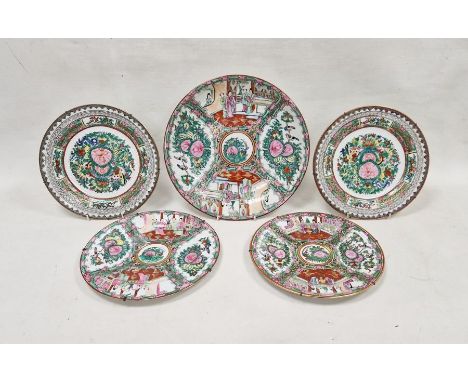 Chinese circular dish&nbsp;and four plates, 20th century, printed and painted in famille rose, in the Canton style,&nbsp; the